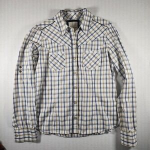 Heritage 1981 Plaid Western Shirt Women Medium White Blue Pearl Snap Long Sleeve
